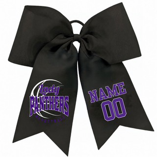Black cheer bow with the Lady Panthers Basketball design in purple lettering with white basketball seam lines and a purple name and number on the other tail