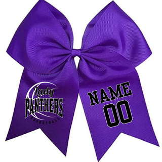 Purple cheer bow with the Lady Panthers Basketball design in black lettering with white basketball seam lines and a black name and number on the other tail