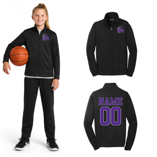 Girl holding a basketball in a black fleece full-zip jacket with a Lady Panthers Basketball design, with front and back views