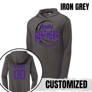 Iron grey PosiCharge hooded pullover with a Lady Panthers Basketball design on the front and a purple name and number on the back