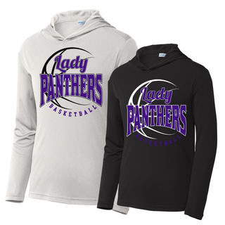 Silver and black PosiCharge hooded pullovers with a Lady Panthers Basketball design in purple on the chest