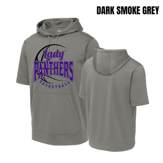 Dark smoke grey short sleeve hooded pullover with a Lady Panthers Basketball design in purple and black, front and back view