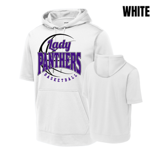 White short sleeve hooded pullover with a Lady Panthers Basketball design in purple and black, front and back view