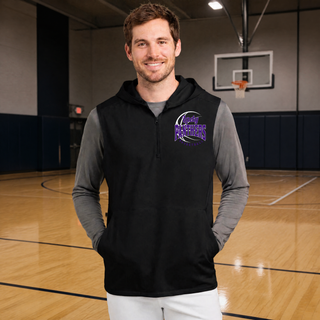 Man in a gym wearing a black sleeveless hooded quarter-zip with a Lady Panthers Basketball design on the left chest