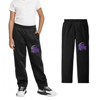 Youth model in black warm-up pants with a Lady Panthers Basketball design on the upper leg, shown with a flat lay view