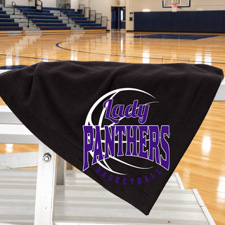 Black stadium blanket draped over a bleacher rail with a Lady Panthers Basketball design in purple and white