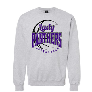Heather grey crewneck sweatshirt with a Lady Panthers Basketball design in purple, black, and white on the chest