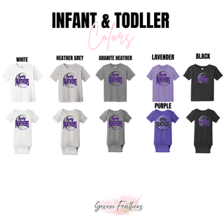 Infant and toddler color chart with the Lady Panthers Basketball design in White, Heather Grey, Granite Heather, Lavender, Purple, and Black
