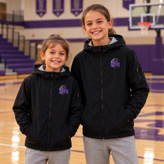 Two girls in black hooded waterproof insulated jackets with the purple Lady Panthers Basketball design on the left chest, standing in a gym