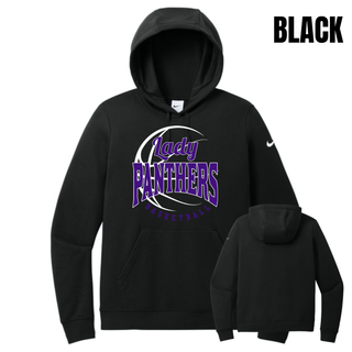 Black women's club fleece pullover hoodie with a Lady Panthers Basketball design in purple and white, front and back view