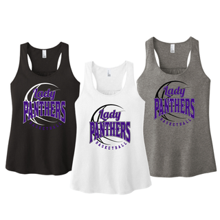 Black, white, and Grey Frost women's racerback tanks, each with the purple Lady Panthers Basketball design centered on the chest