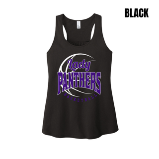 Black women's racerback tank with the purple Lady Panthers Basketball design centered on the chest