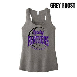 Grey Frost women's racerback tank with the purple Lady Panthers Basketball design centered on the chest