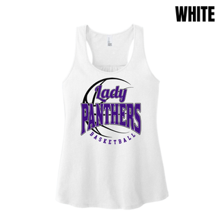 White women's racerback tank with the purple Lady Panthers Basketball design centered on the chest