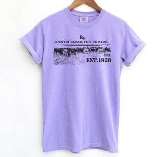 Royal Valley Legacy Line 1928 lavender top with grazing cattle and Country Raised Future Made artwork