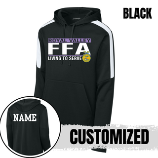 Black Sport-Tek fan favorite hoodie with Royal Valley agriculture program design and customizable name on back