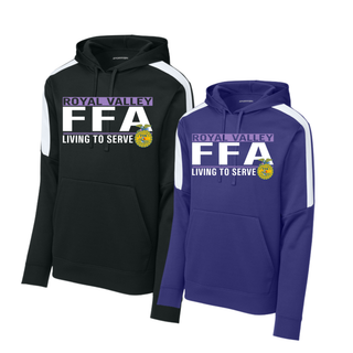 Black and purple Sport-Tek fan favorite hoodies with Royal Valley agriculture program living to serve design side by side