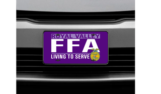 Purple Royal Valley agriculture program living to serve license plate mounted on the front of a vehicle