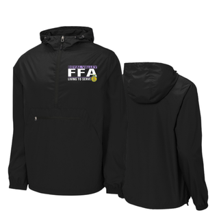 Black Sport-Tek packable jacket front and back with Royal Valley agriculture program living to serve design