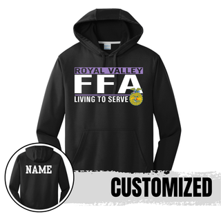 Black Port and Co performance hoodie with Royal Valley agriculture program design and customizable name on back