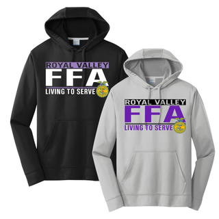 Black and silver Port and Co performance hoodies with Royal Valley agriculture program living to serve design side by side
