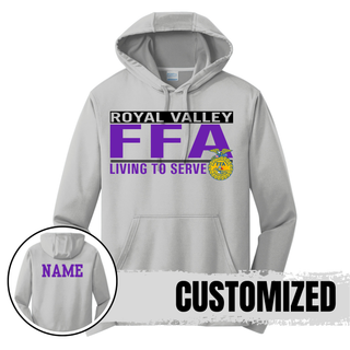 Silver Port and Co performance hoodie with Royal Valley agriculture program design and customizable name on back