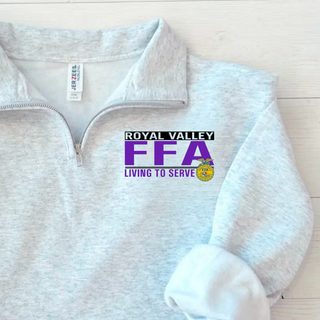 Ash grey Jerzees quarter-zip close-up with Royal Valley agriculture program living to serve design