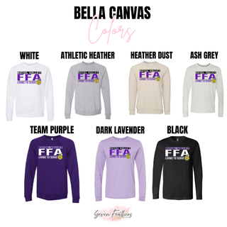Bella Canvas crewneck and long sleeve shown with Royal Valley agriculture program design in white, athletic heather, heather dust, ash grey, team purple, dark lavender, and black