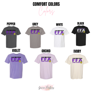 Comfort Colors t-shirt with Royal Valley agriculture program design shown in pepper, grey, white, black, violet, orchid, and ivory