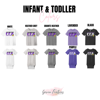 Royal Valley agriculture program design on infant bodysuits and toddler tees shown in white, heather grey, granite heather, lavender, purple, and black