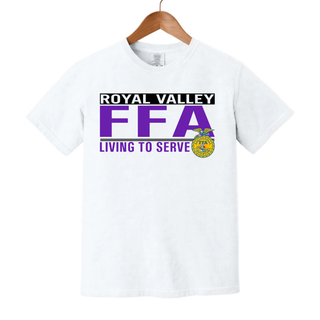 White Comfort Colors tee with Royal Valley agriculture program living to serve design on a wooden hanger