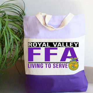 Lavender, ivory, and purple colorblock canvas tote bag with Royal Valley agriculture program living to serve design