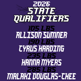 Back print listing Royal Valley Panthers 2026 wrestling state qualifiers and weight classes.