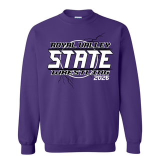 Purple Royal Valley State Wrestling 2026 crewneck with black and white front graphic.