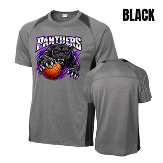 Heather grey colorblock contender tee with black side panels and the Full Court Attack panther design, front and back