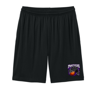 Black cooling performance shorts with the Full Court Attack panther and basketball design on the lower leg