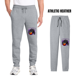 Man in athletic heather core fleece joggers with the Full Court Attack panther design on the leg, with a flat lay