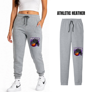 Woman in athletic heather core fleece joggers with the Full Court Attack panther design on the leg, with a flat lay