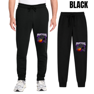 Man in black core fleece joggers with the Full Court Attack panther design on the leg, shown with a flat lay
