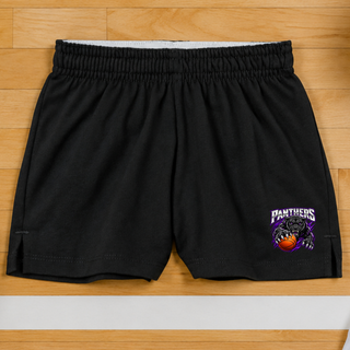 Black jersey knit squad shorts with the Full Court Attack panther design near the hem, laid flat on a gym floor