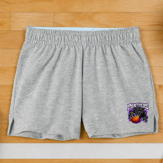 Heather grey jersey knit squad shorts with the Full Court Attack panther design near the hem, laid flat on a gym floor