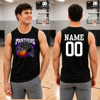 Man in a gym wearing a black competitor tank with the Full Court Attack design and a white name and number on the back