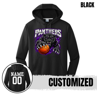 Black performance hoodie with the Full Court Attack design and a white name and number on the back