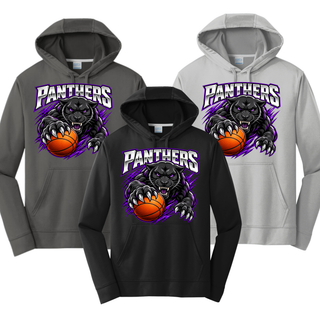 Charcoal, black, and silver performance hoodies with the Full Court Attack panther and basketball design