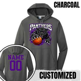 Charcoal performance hoodie with the Full Court Attack design and a purple name and number on the back