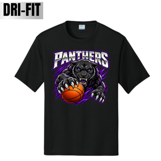 Black performance top with the Full Court Attack design, a snarling black panther clawing an orange basketball