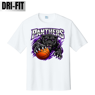 White performance top with the Full Court Attack design, a snarling black panther clawing an orange basketball
