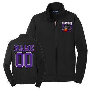 Black fleece full-zip jacket with a left chest Full Court Attack design and a purple name and number on the back