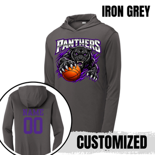 Iron grey PosiCharge hooded pullover with the Full Court Attack design and a purple name and number on the back