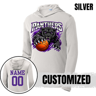 Silver PosiCharge hooded pullover with the Full Court Attack design and a purple name and number on the back